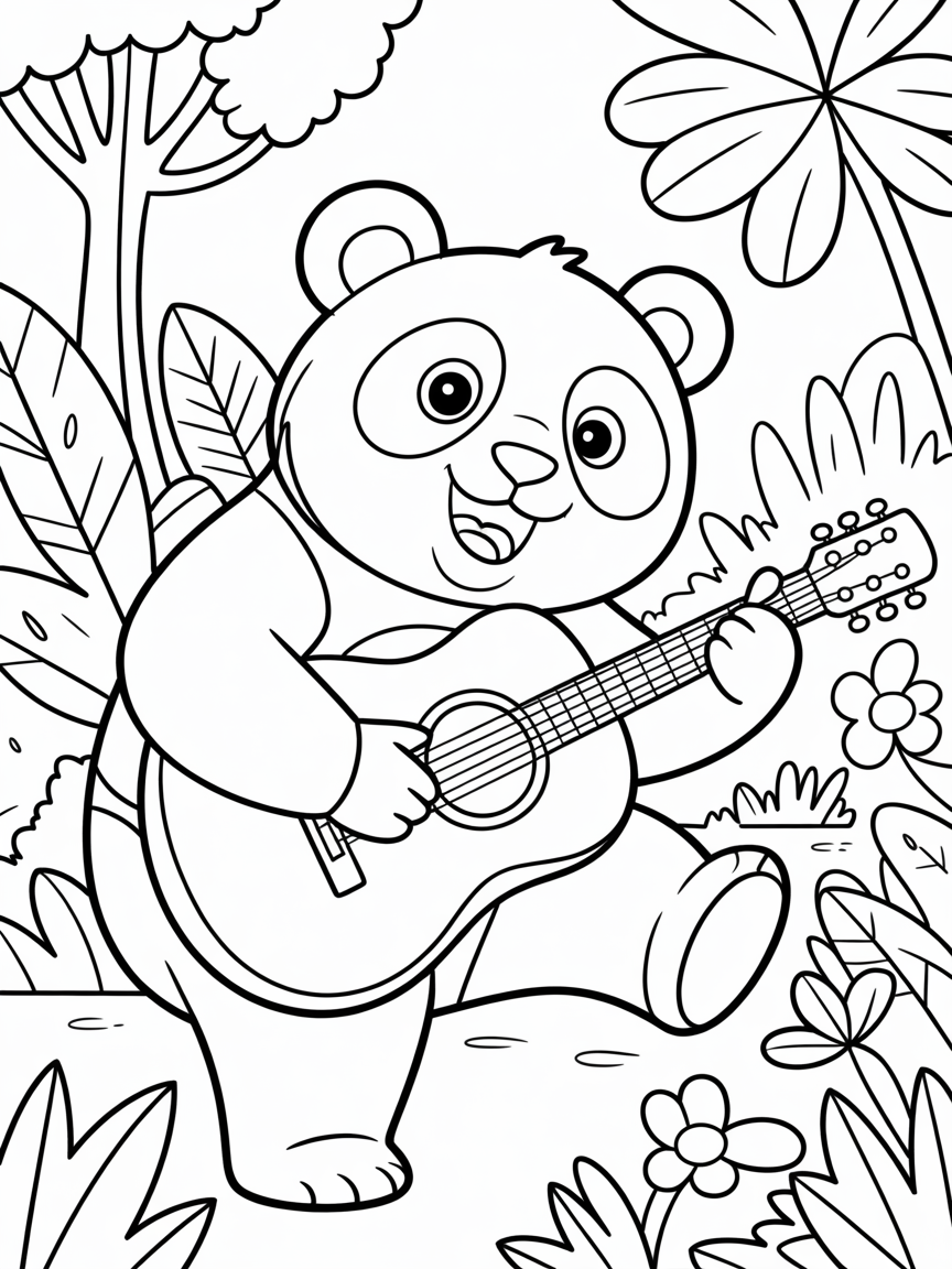Panda playing guitar in the jungle - Free Coloring Page