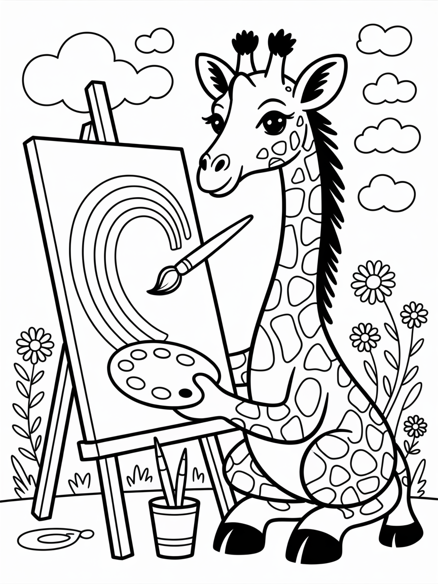 Giraffe painting a rainbow canvas - Free Coloring Page