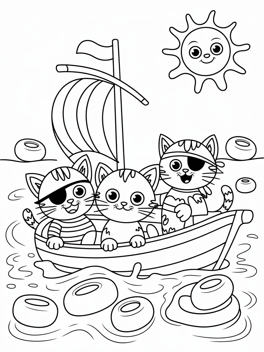 Pirate kittens sailing on macaroni seas - Free Coloring Page