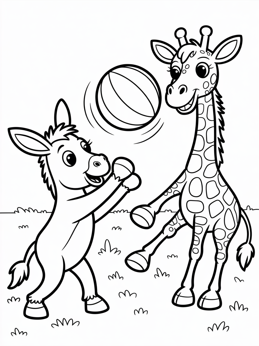 Donkey and giraffe playing ball - Free Coloring Page