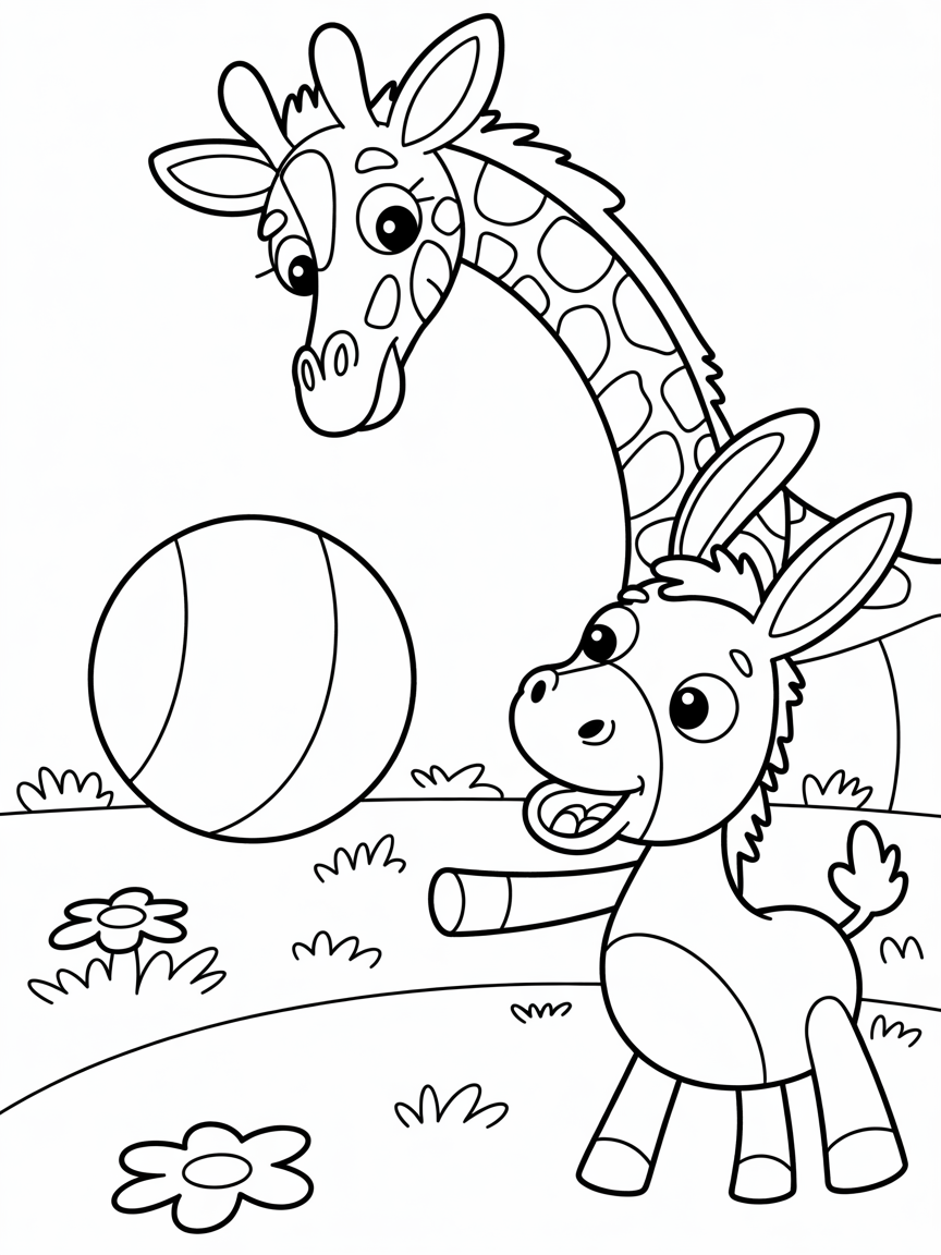 Giraffe and donkey playing ball - Free Coloring Page