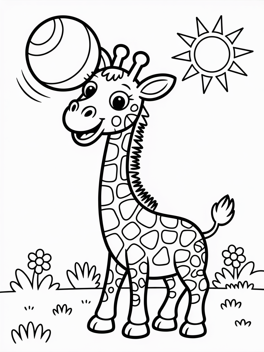 Giraffe bouncing a ball on hisheaf - Free Coloring Page