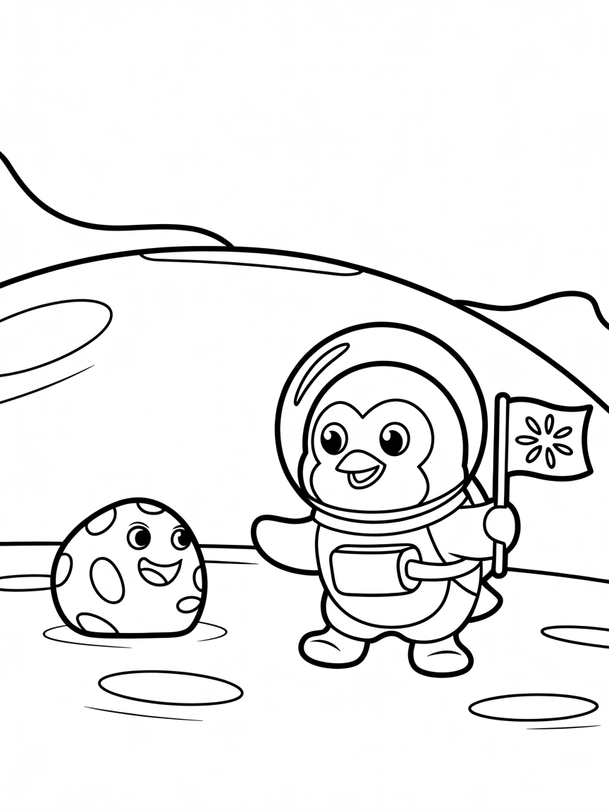 Penguin astronaut exploring a new planet - Free Coloring Page
