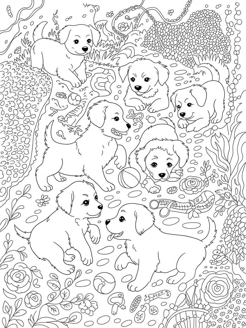 Happy puppies with toys - Free Coloring Page