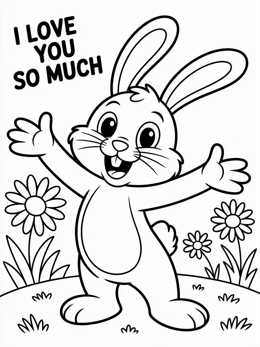 Bunny stretching his arms,saying i love you so much - Free Coloring Page