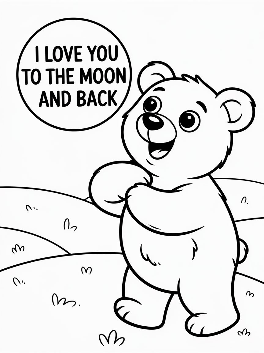 I love you tothe moonand back bear looking far up into the sky - Free Coloring Page