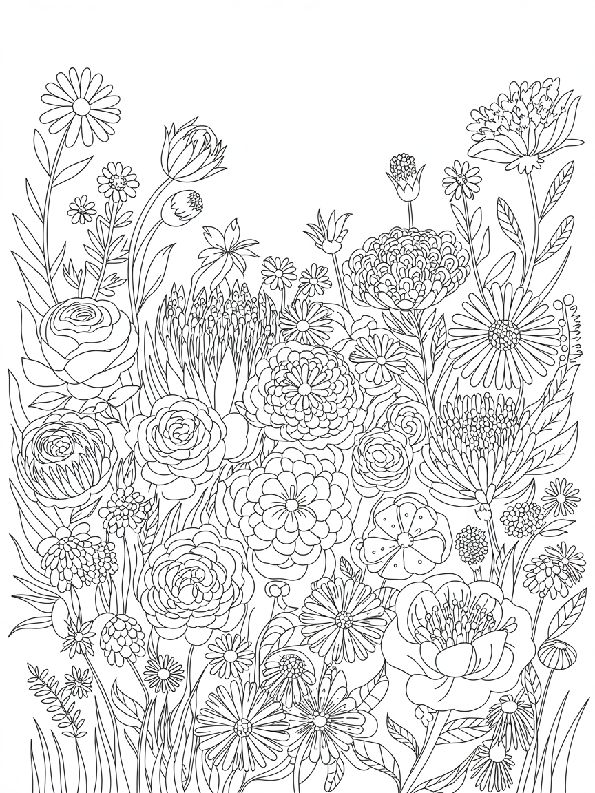 A field of flowers containing roses, daisies, peonies and proteas - Free Coloring Page