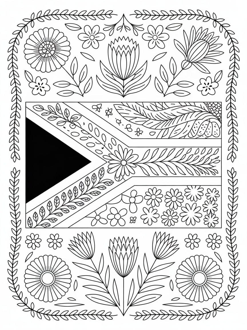 South african flag with floral detail - Free Coloring Page