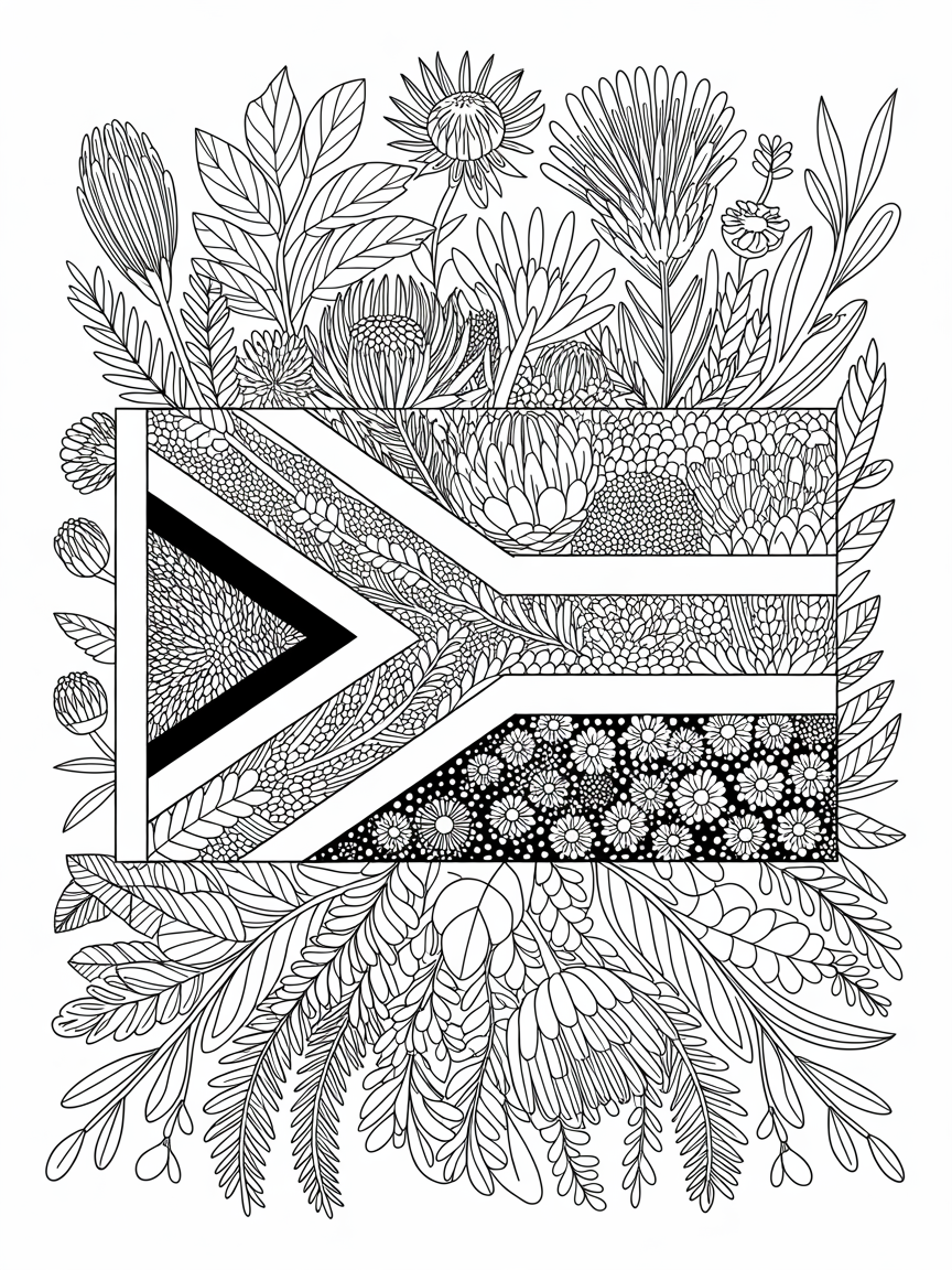 South african flag with floral detail - Free Coloring Page