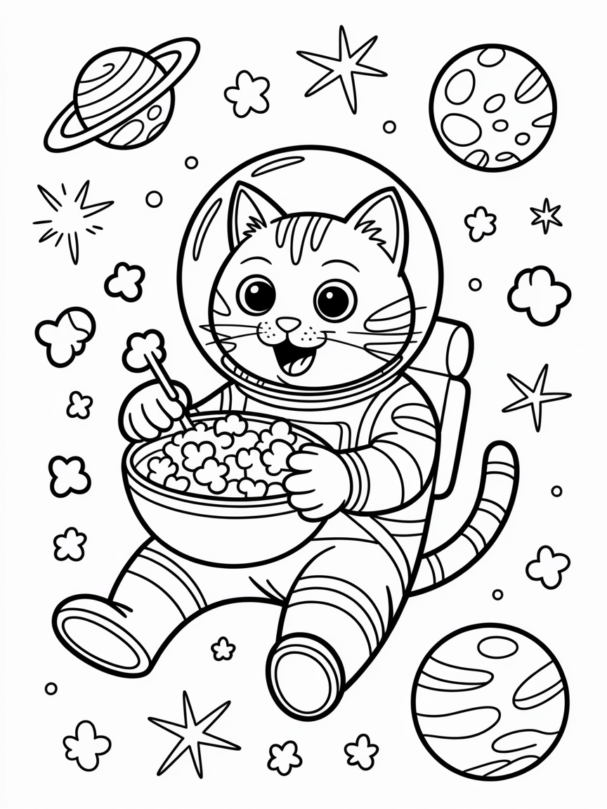 Cat in space eating Popcorn - Free Coloring Page
