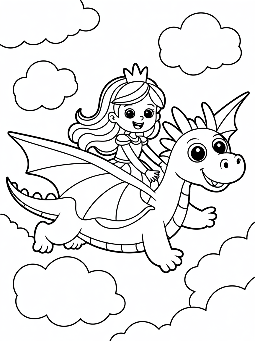 a pinrcess riding a dragon on the clouds - Free Coloring Page