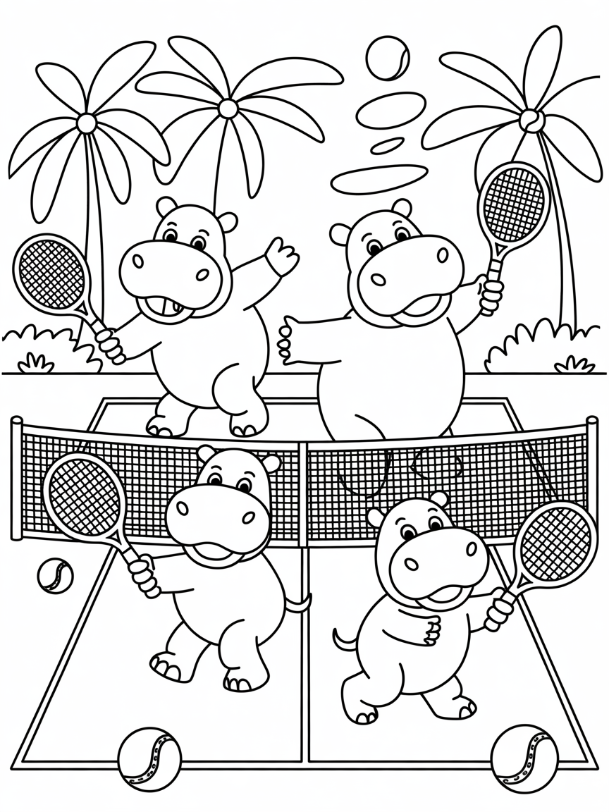 Hippo family playing tennis - Free Coloring Page