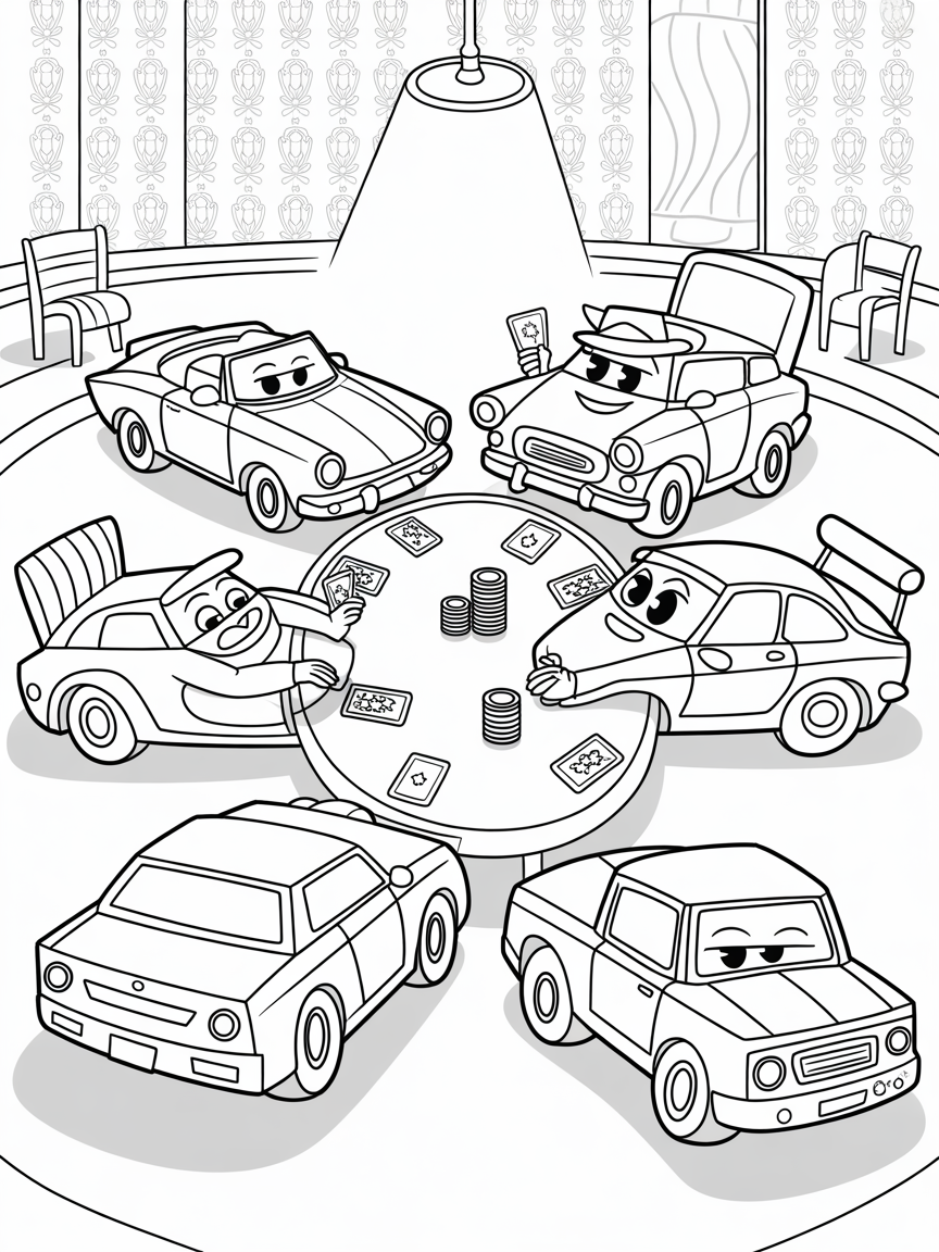 Cars playing poker - Free Coloring Page