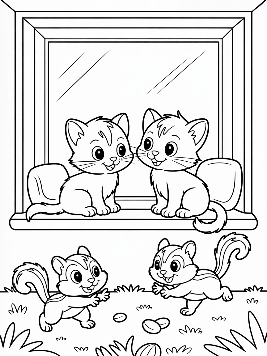 Two cats staring out a window at chipmunks - Free Coloring Page