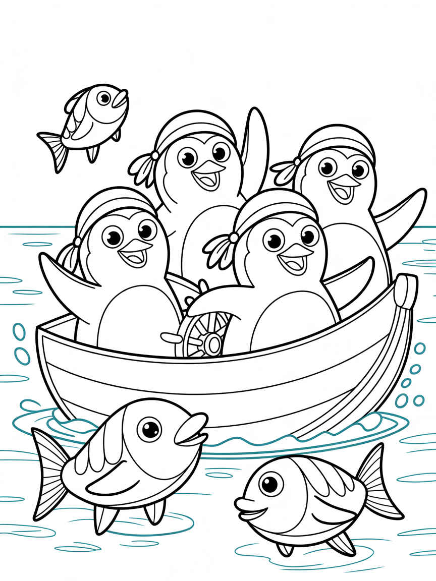 Pirate penguins sailing a banana boat - Free Coloring Page