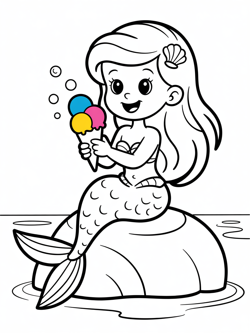 Mermaid eating ice cream - Free Coloring Page
