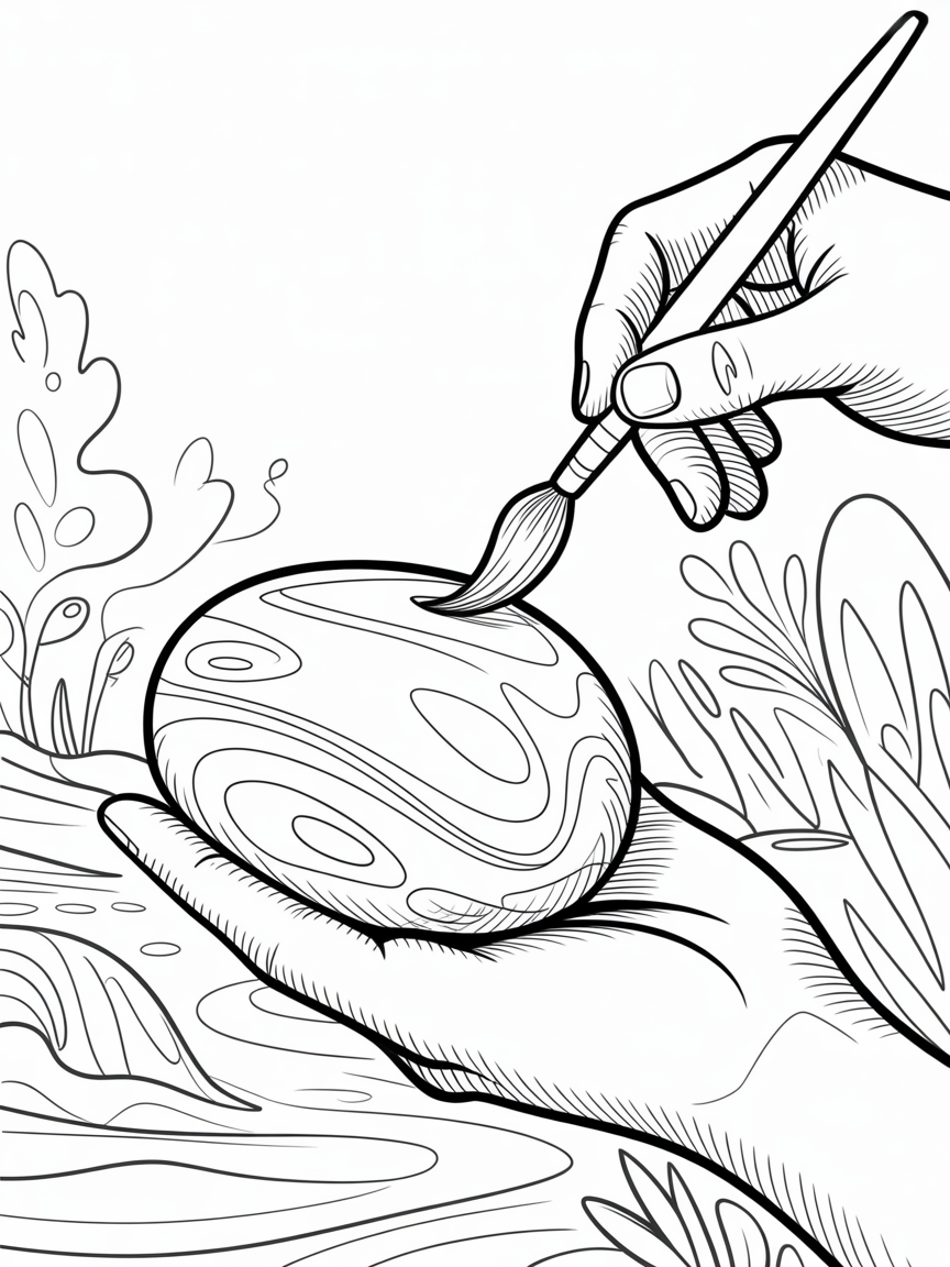 A hand holding a rock the other hand painting art on it take away one hand - Free Coloring Page