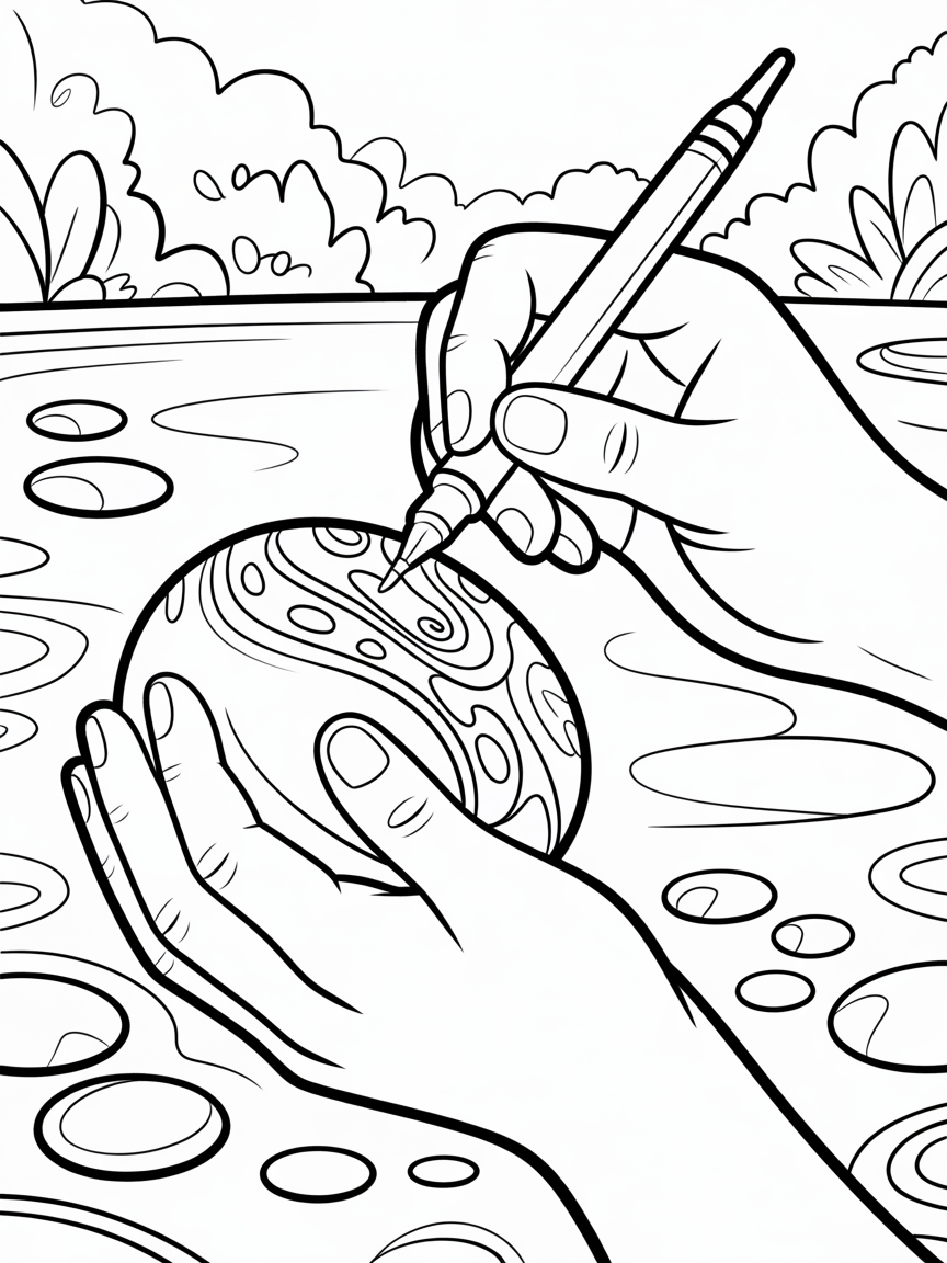 A hand holding a rock the other hand painting art on it with a paint pen - Free Coloring Page