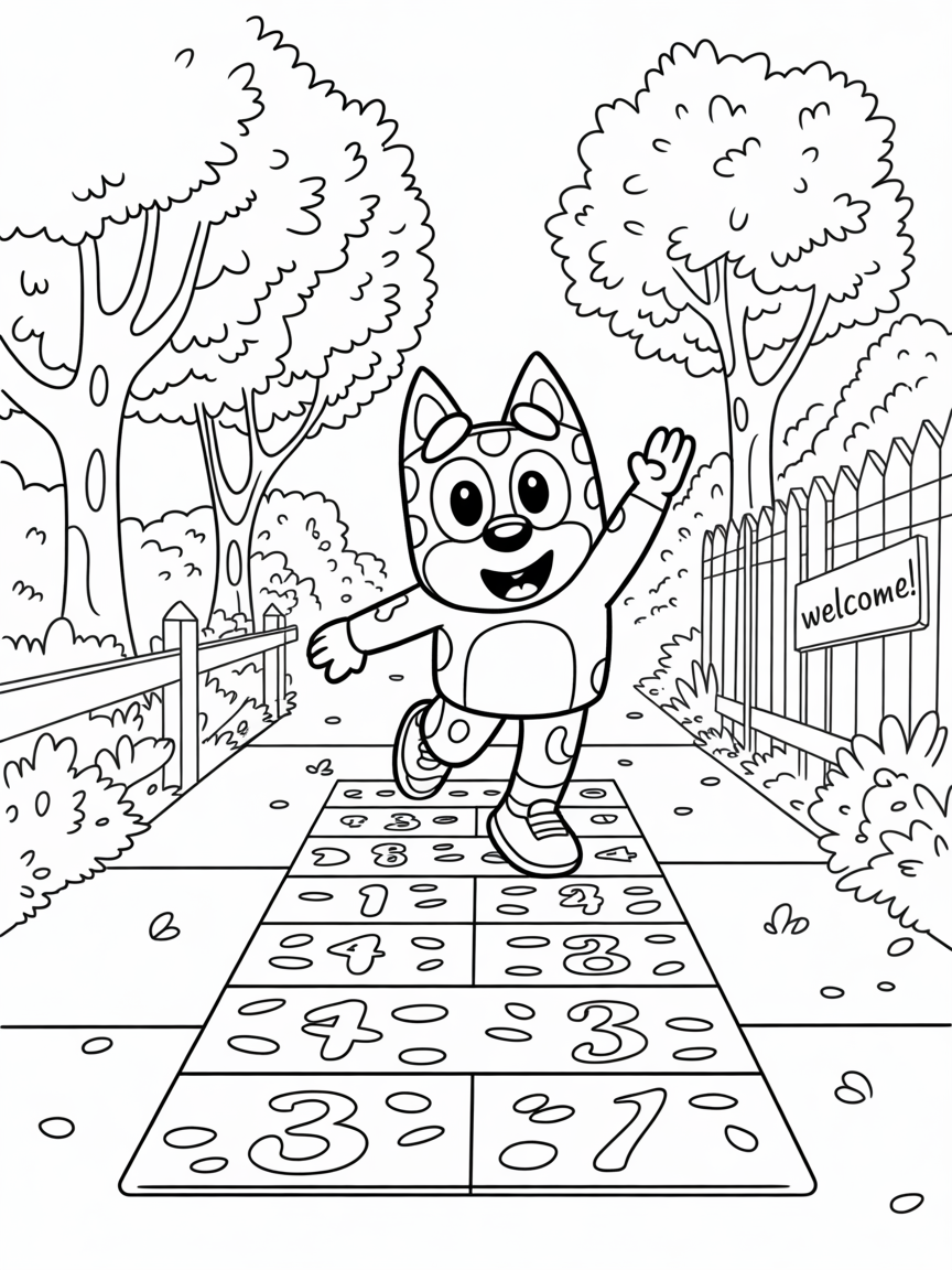 Bluey playing hop scotch - Free Coloring Page