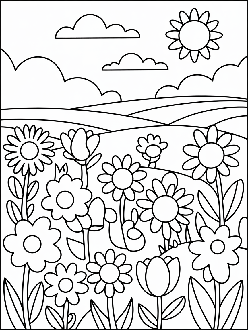 Field of flowers - Free Coloring Page