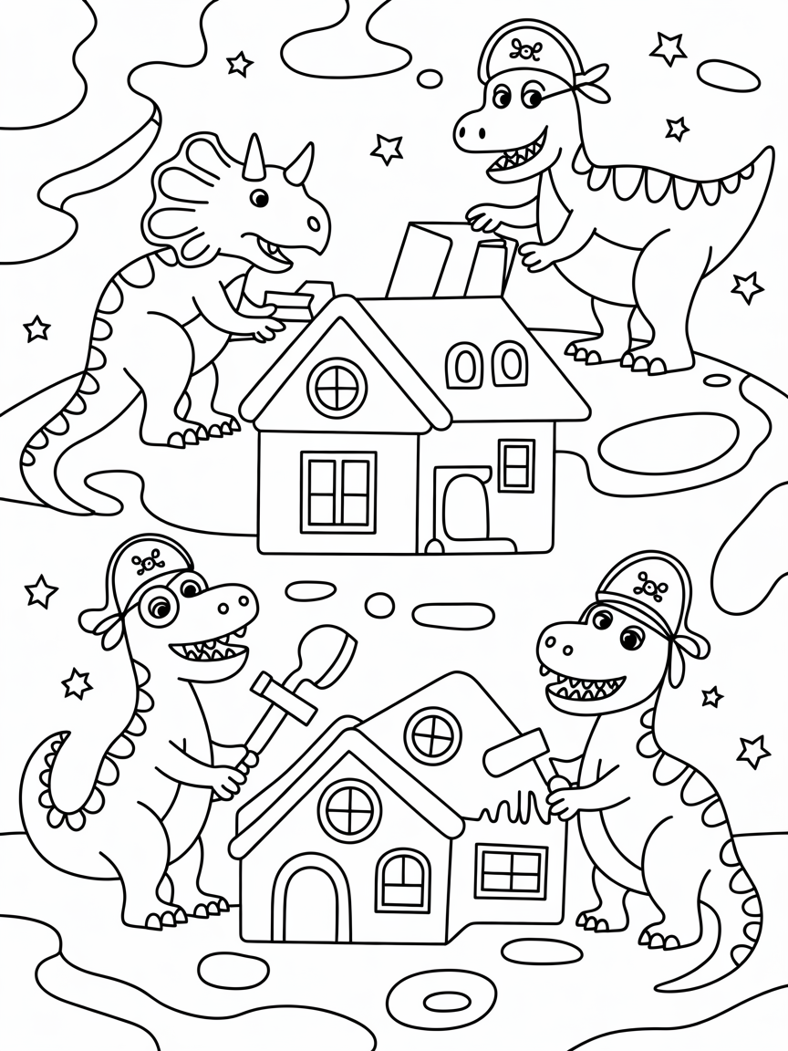 Pirate Dinosaurs building houses in space - Free Coloring Page