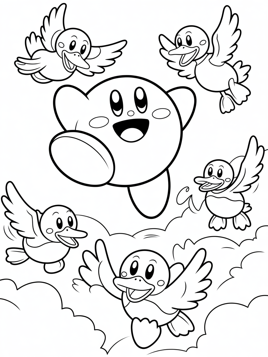 Kirby flying with ducks in the sky - Free Coloring Page