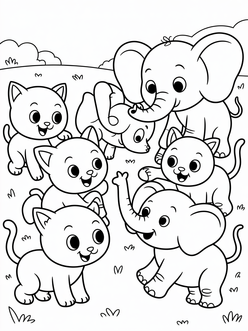 cats and elephants - Free Coloring Page