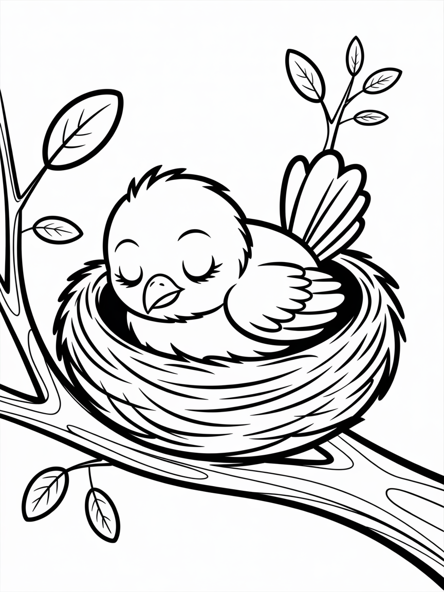 A bird sleeping in a nest - Free Coloring Page