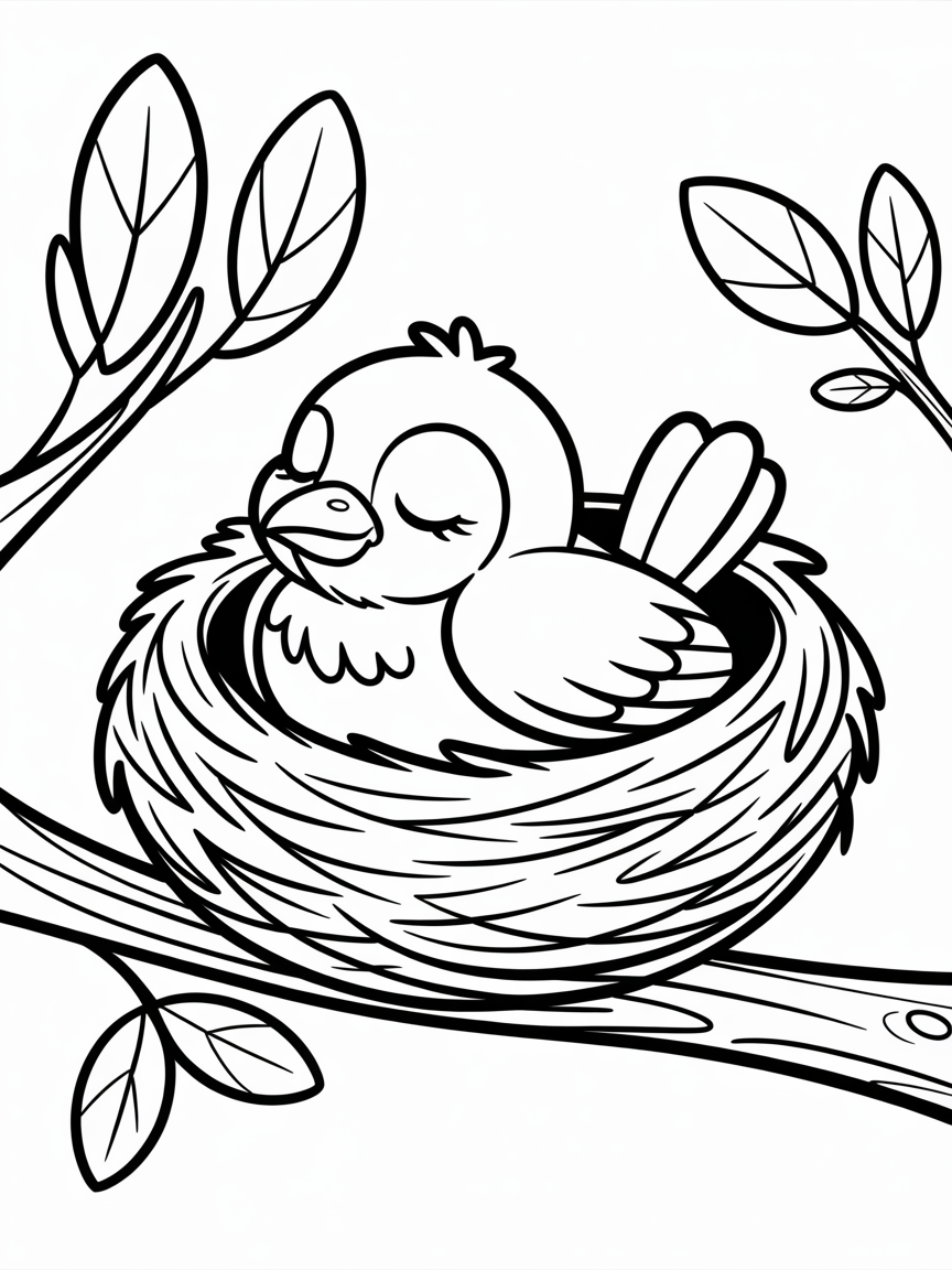 A bird sleeping with its eyes closed in a nest - Free Coloring Page