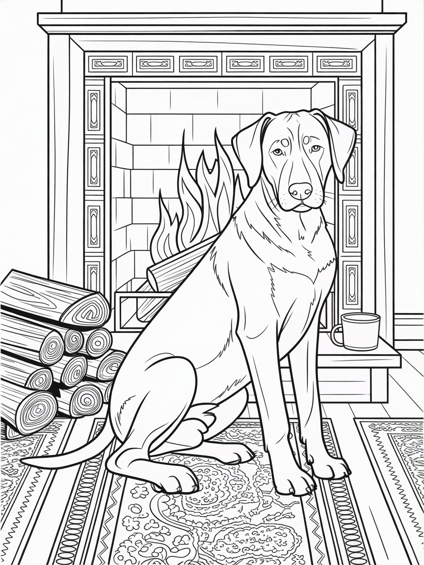 Africanis dog sitting cosy by a fire - Free Coloring Page
