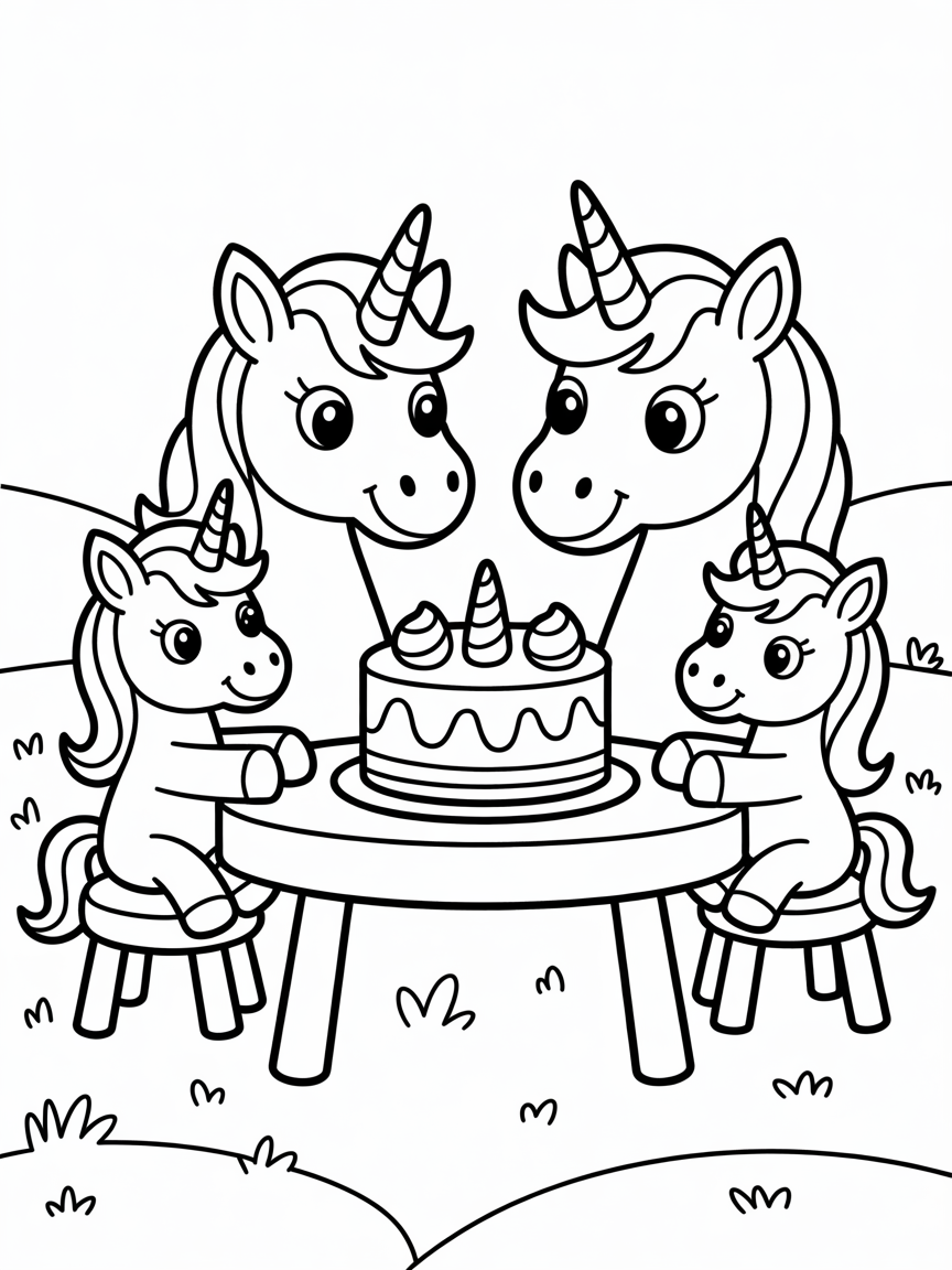 Unicorn family having dinner - Free Coloring Page