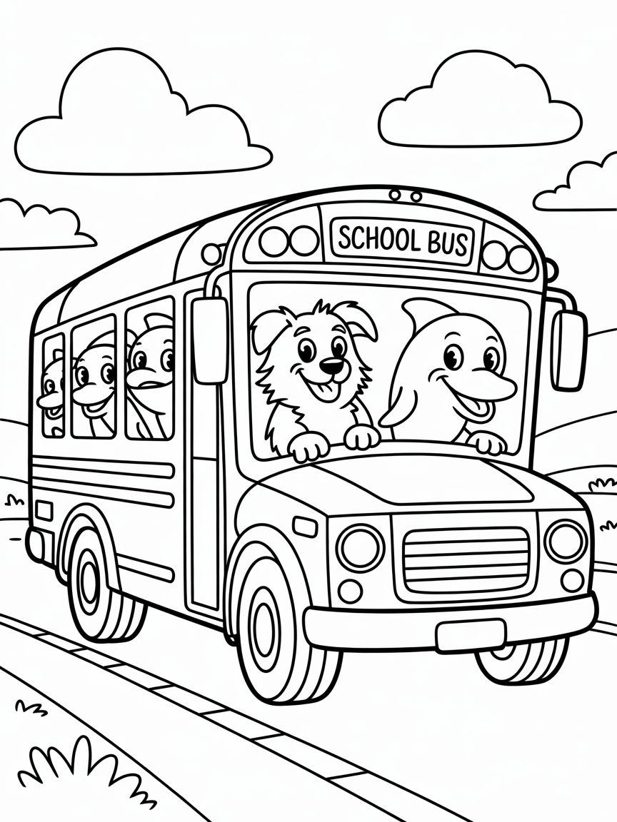 A border collie driving a school bus full of dolphins - Free Coloring Page