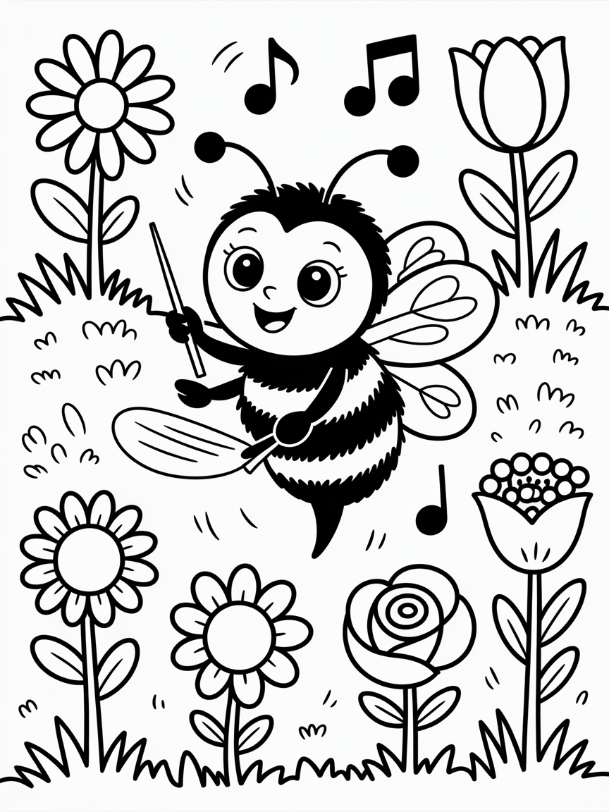 Bumblebee conducting a flower orchestra - Free Coloring Page