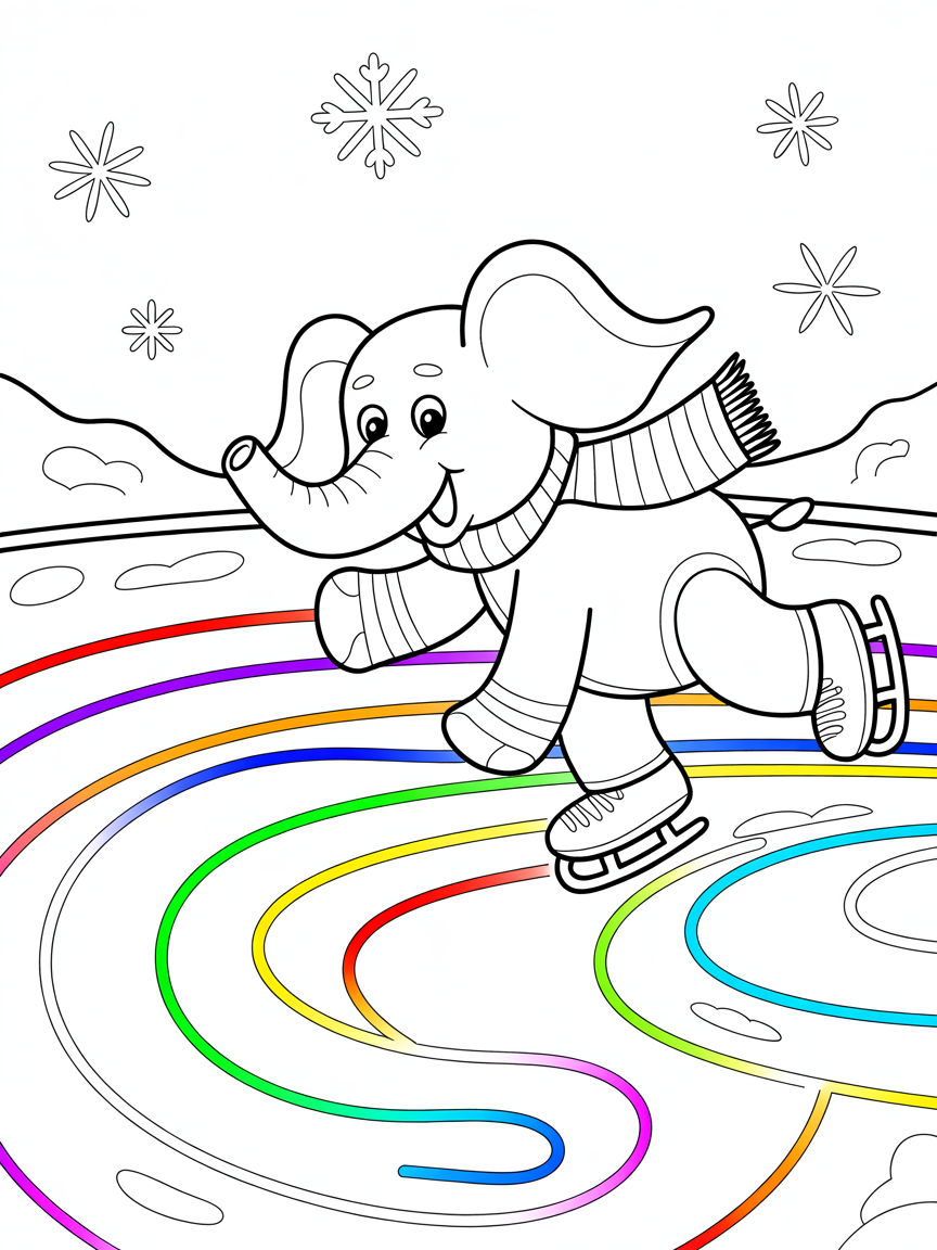 Elephant ice skating on rainbow ice - Free Coloring Page
