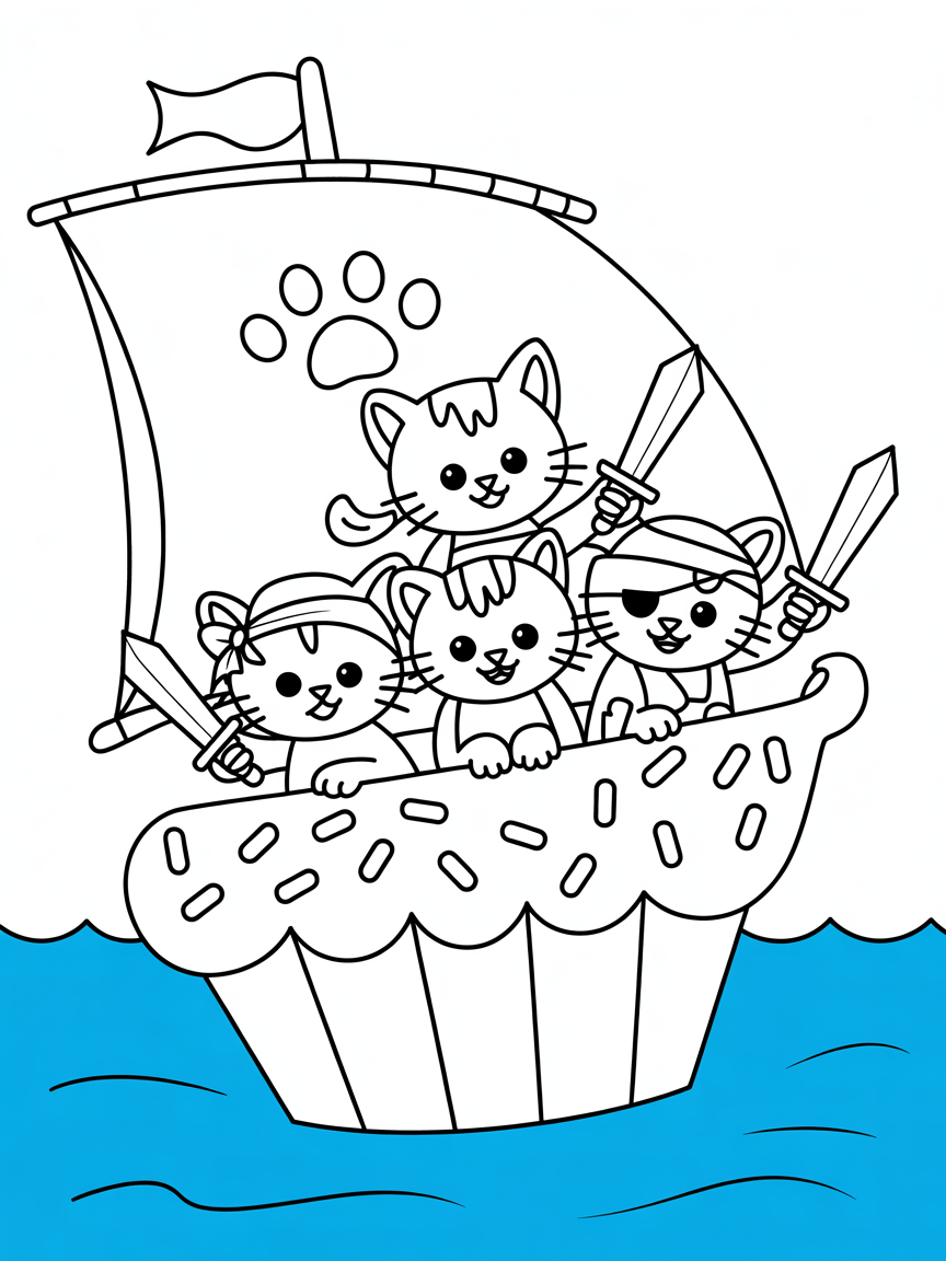 Pirate kittens sailing a cupcake ship - Free Coloring Page