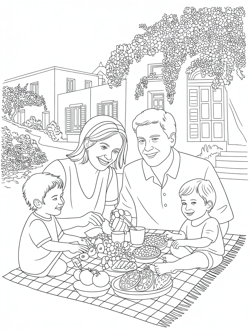 Family gathering in Greece - Free Coloring Page