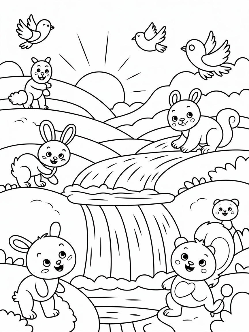 Garden waterfall hills sunrise birds nd animals - Free Coloring Page