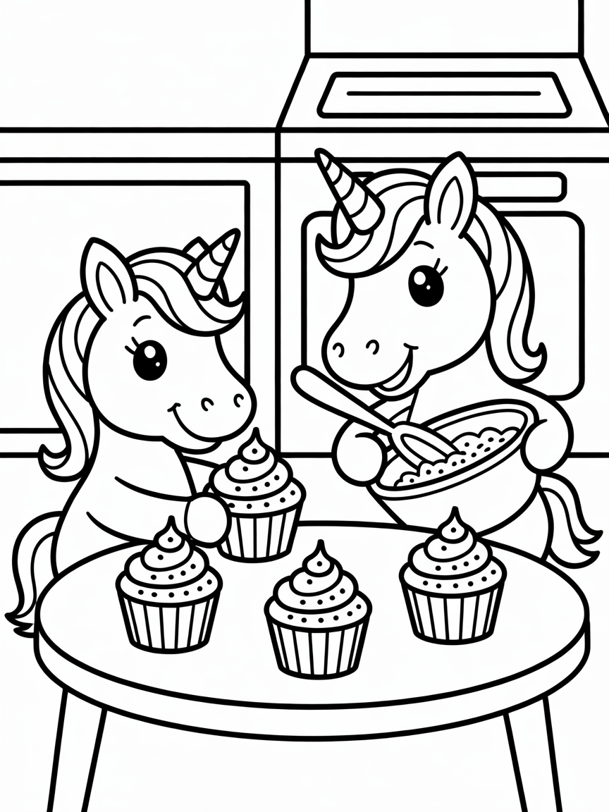 Unicorns baking rainbow cupcakes - Free Coloring Page