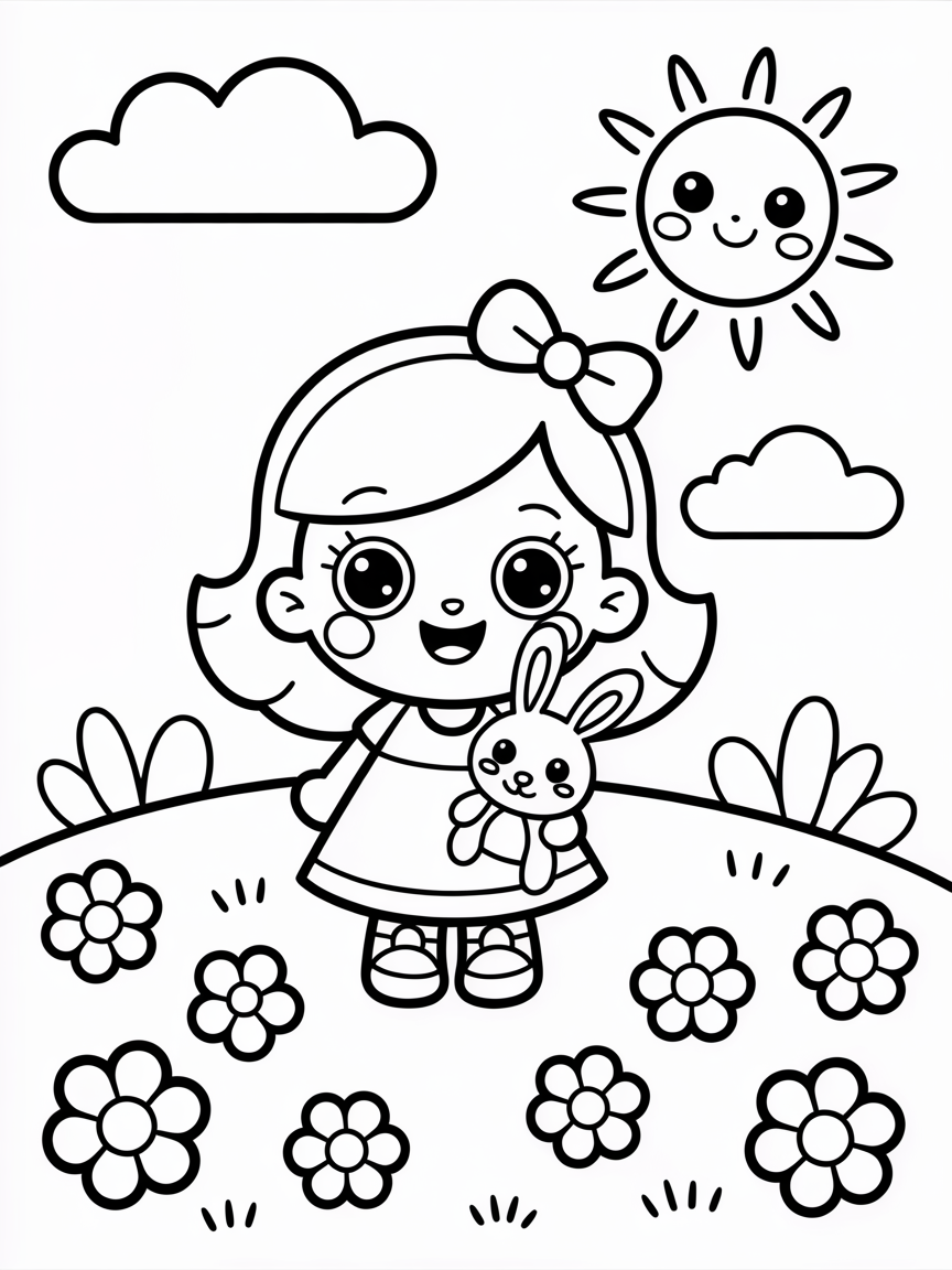 Kawaii girl with pastel colors in a scenery background - Free Coloring Page