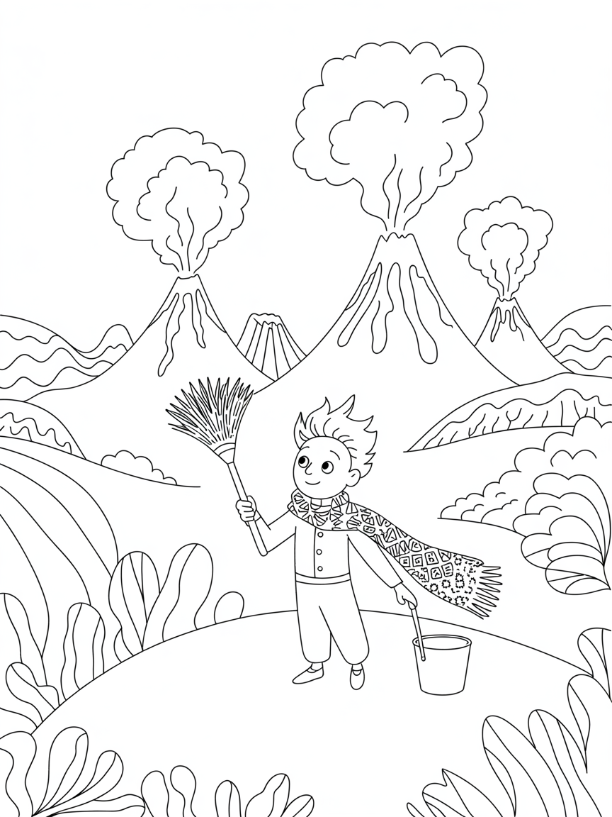 The Little Prince cleaning volcanos - Free Coloring Page