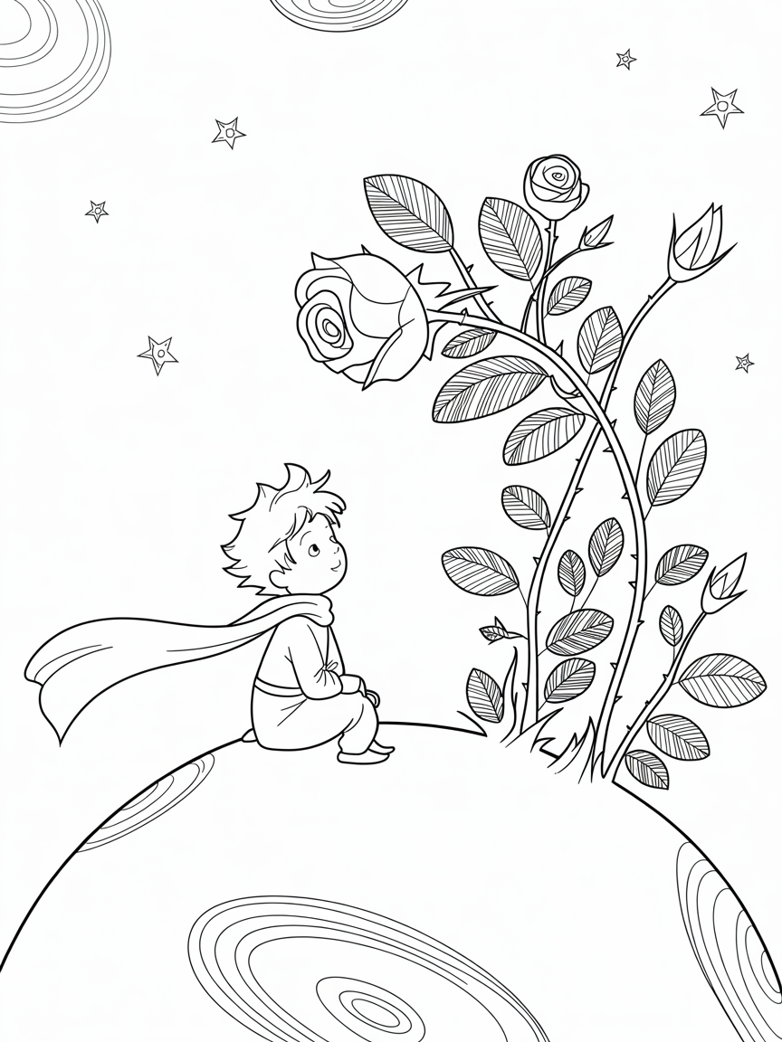 The Little Prince waiting for the rose - Free Coloring Page