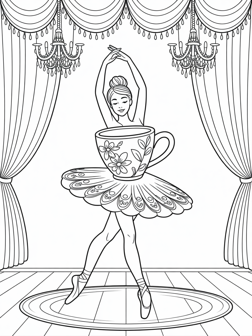 A ballerina with a mug for a head - Free Coloring Page