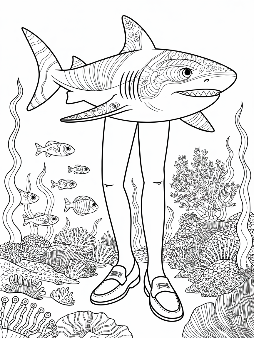 A shark with legs and shoes - Free Coloring Page