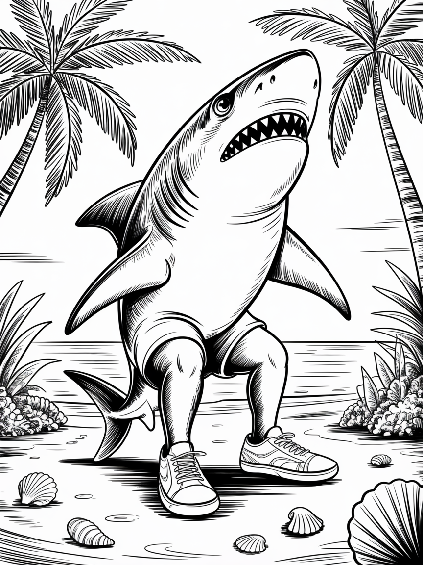 A shark with legs and sneakers on land - Free Coloring Page