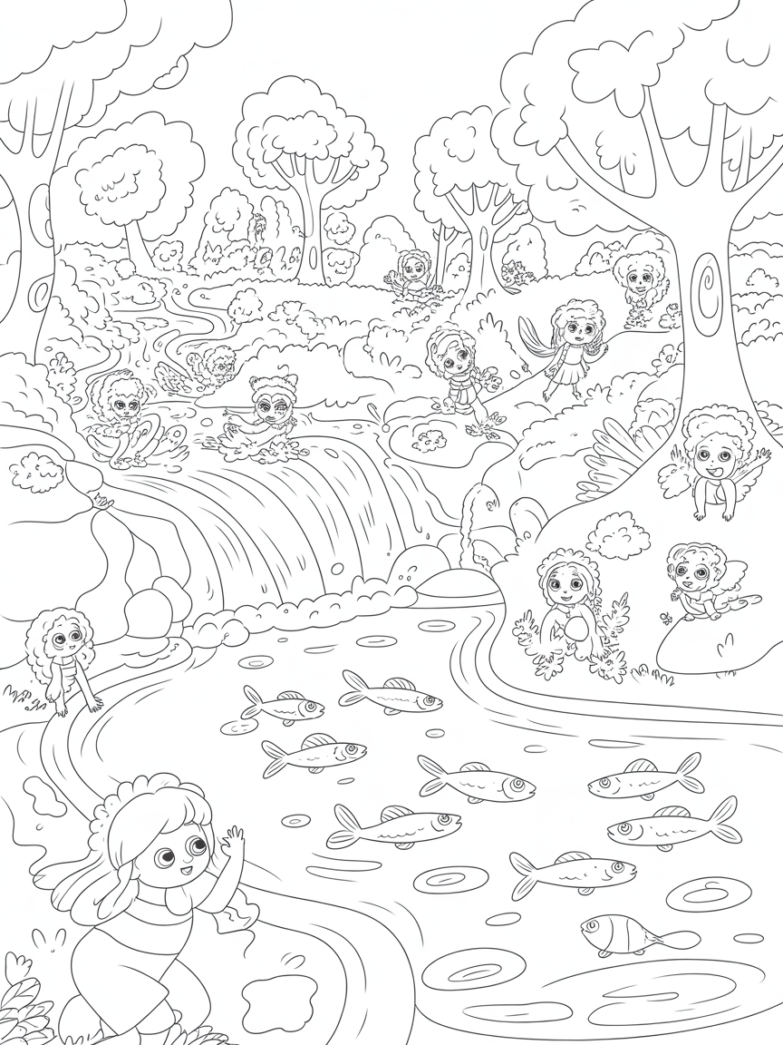 Fairytale spring forest with nymphs, animals, waterfalls, river, fish, sunlight - Free Coloring Page