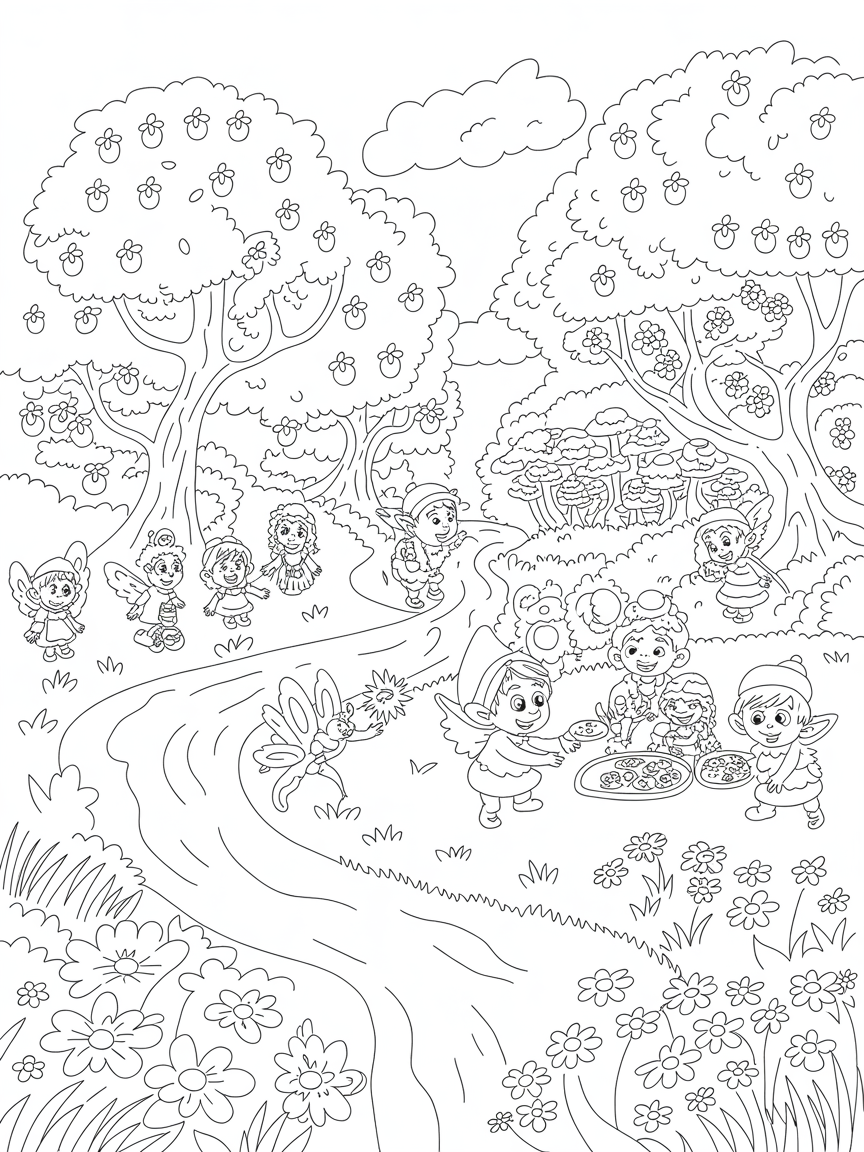 Fairytale spring forest with river, grass, flowers, friut bearing trees, mushrooms, clouds, dwarfs, pixies and young children - Free Coloring Page