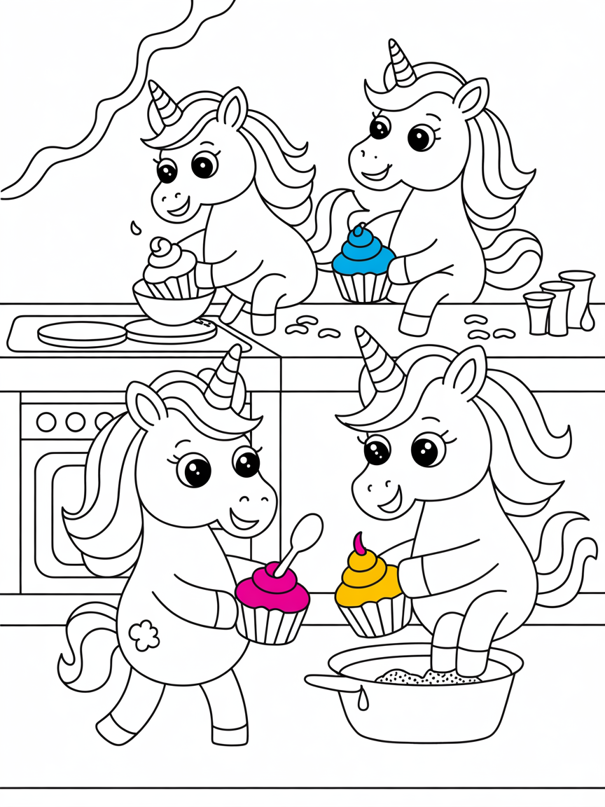 Unicorns baking colorful cupcakes - Free Coloring Page