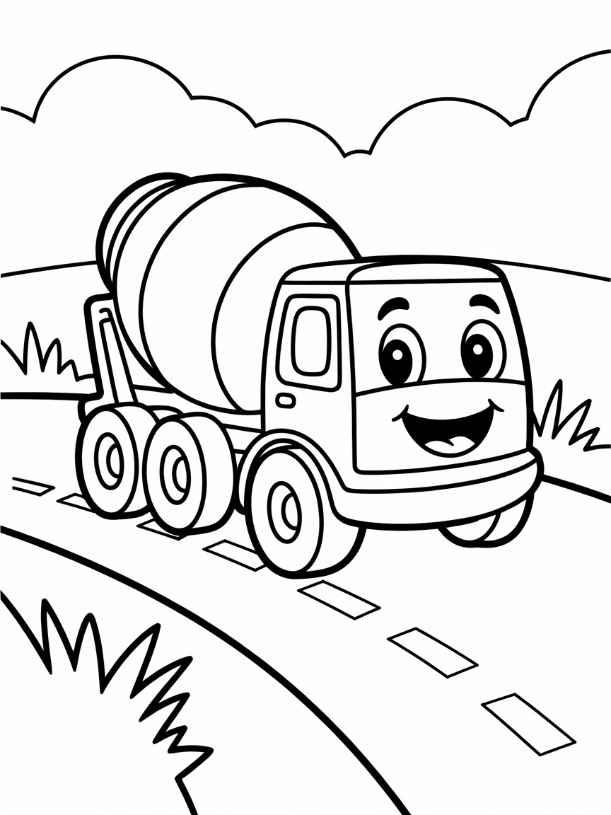 Cement mixer on the road - Free Coloring Page