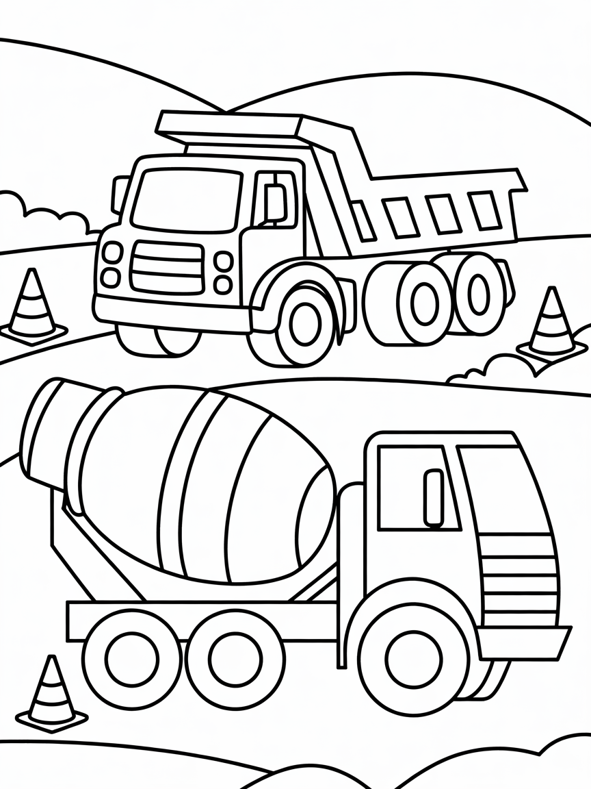 Dump truck and cement mixer in construction location - Free Coloring Page