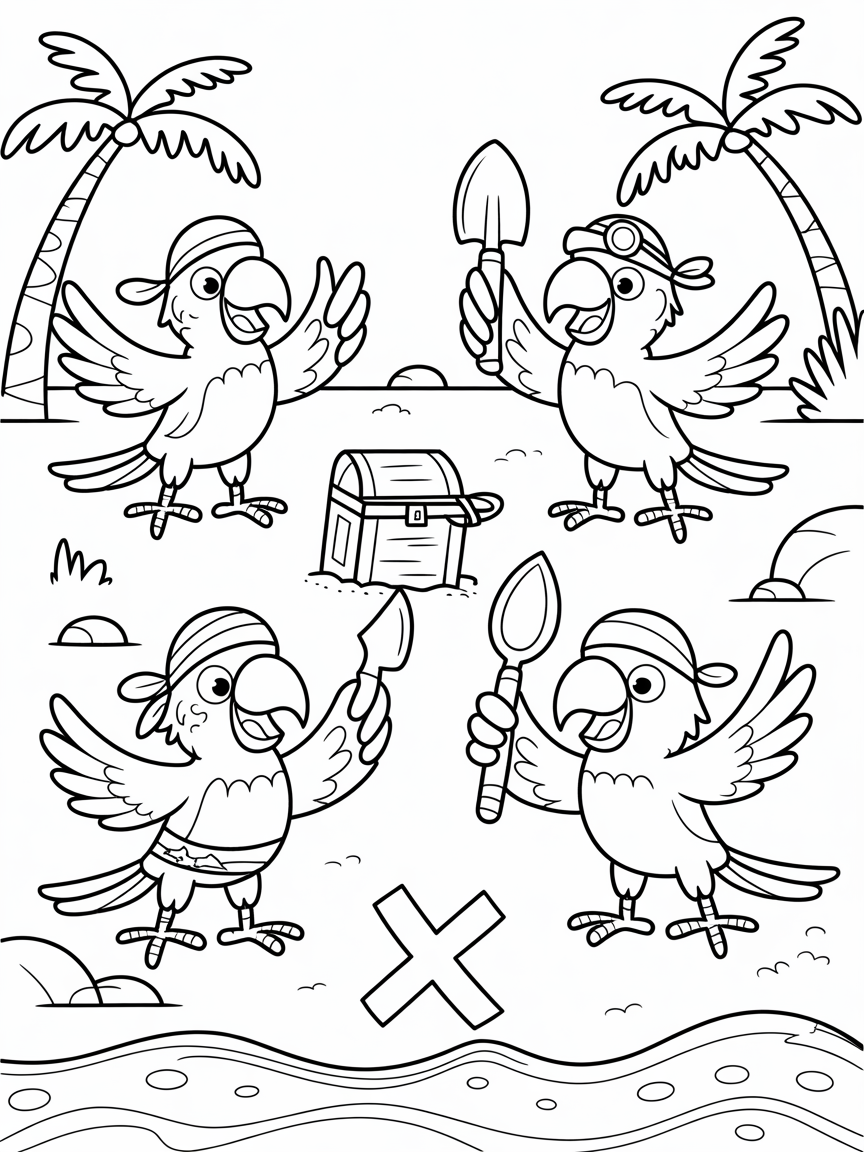 Pirate parrots hosting a treasure hunt - Free Coloring Page
